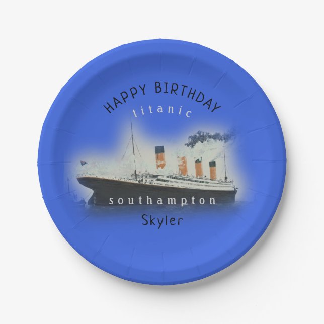 Titanic Ship Happy Birthday Name Marine Blue Paper Plate (Front)
