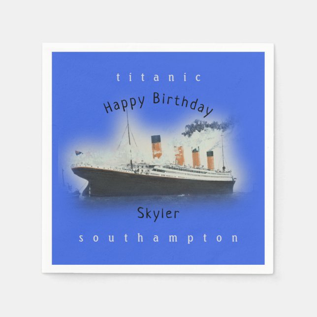 Titanic Ship Happy Birthday Name Marinne Blue Napkin (Front)