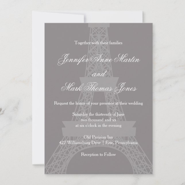 Titanium and White Paris Eiffel Tower Wedding Invitation (Front)