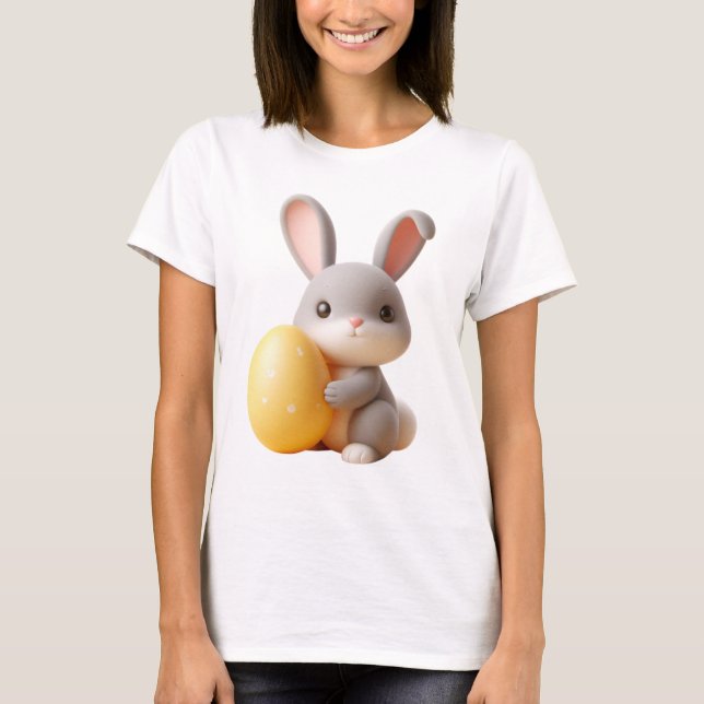 Title: 3D Easter Bunny Holding a Vibrant Egg T-Shirt (Front)