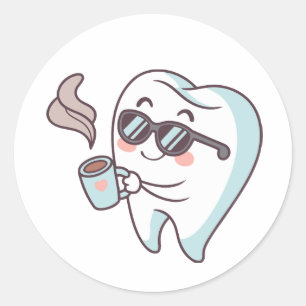 Title: Cool Tooth Cartoon with Sunglasses & Coffee Classic Round Sticker