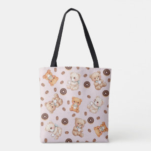 Title Cute Coffee and Doughnuts Bear Seamless Patt Tote Bag