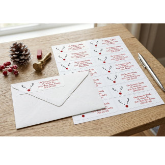 Title Cute Reindeer Red Button Nose Christmas  Return Address Label