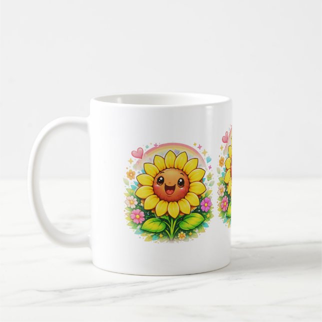 🌻 Title Cute Smiling Sunflower Rainbow Garden Coffee Mug (Left)