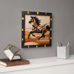 Title: Desert Sprint Carved Wood Arabian Timepiece Square Wall Clock
