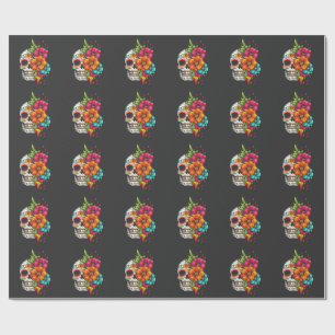 Title: Día de los Muertos Floral Skull Wrapping Paper