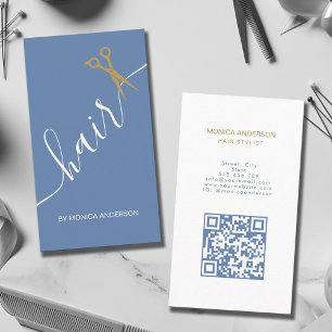 Title: Dusty Blue Gold Hair Script Scissor QR Code Business Card