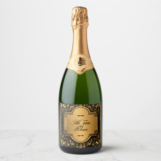 **Title:** "Elegant Wine Bottle Green & Golden Ele Sparkling Wine Label (Front)