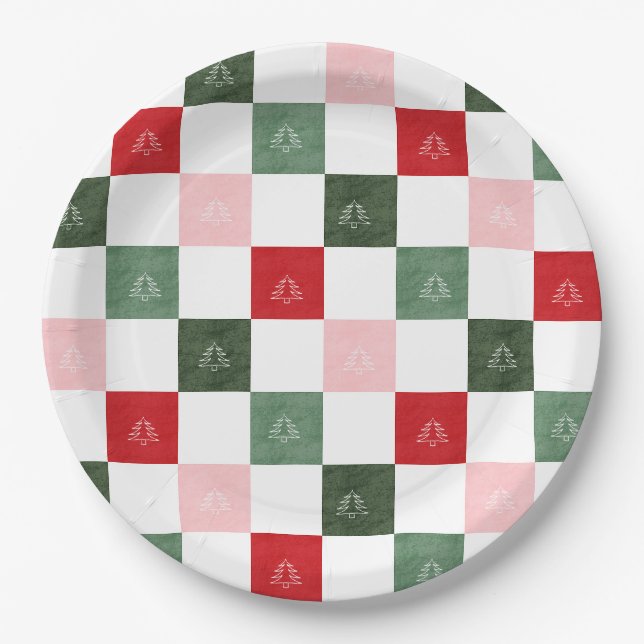 Title  Evergreen Tree Chequered Pattern | Rustic C Paper Plate (Front)