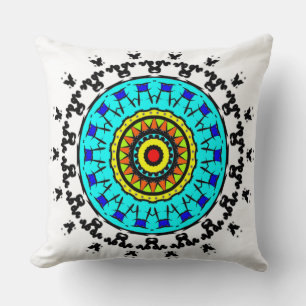 Title: Floral Mandala Throw Pillow Cyan Gold