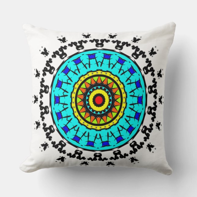 Title: Floral Mandala Throw Pillow Cyan Gold (Front)