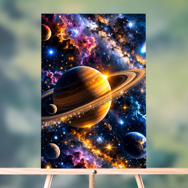 Title Galactic Odyssey Saturn and space nebula art Acrylic Sign (Neutral)
