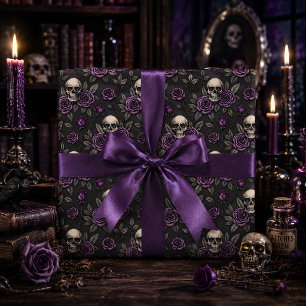 Title Gothic Skull and Purple Roses Dark Floral Wrapping Paper