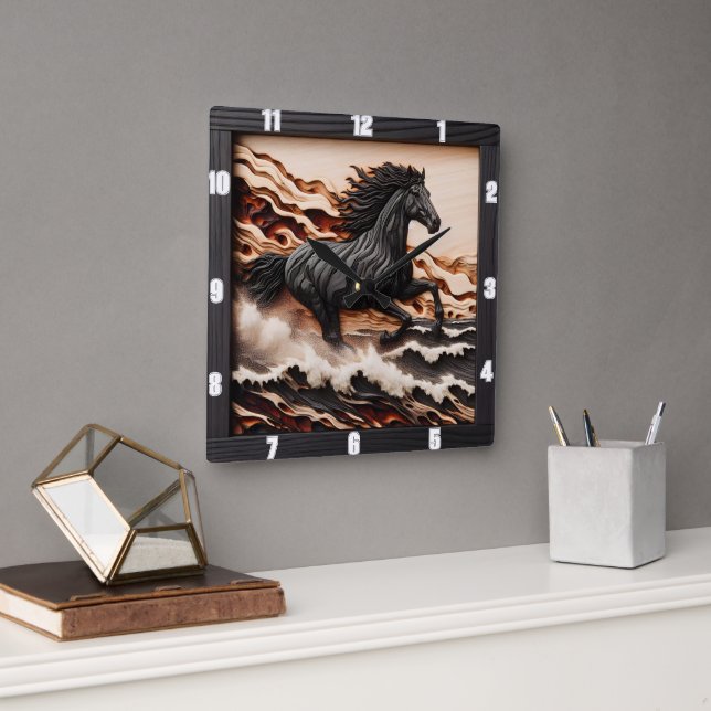 Title: Majestic Gallop: Carved Wood Style Horse  Square Wall Clock (Office)
