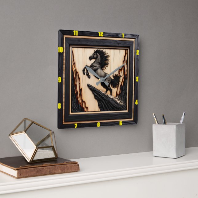 Title: Mountain Spirit: Personalised Charred Wood  Square Wall Clock (Office)