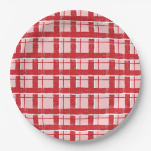 Title Pink & Red Textured Plaid Pattern Classic Paper Plate
