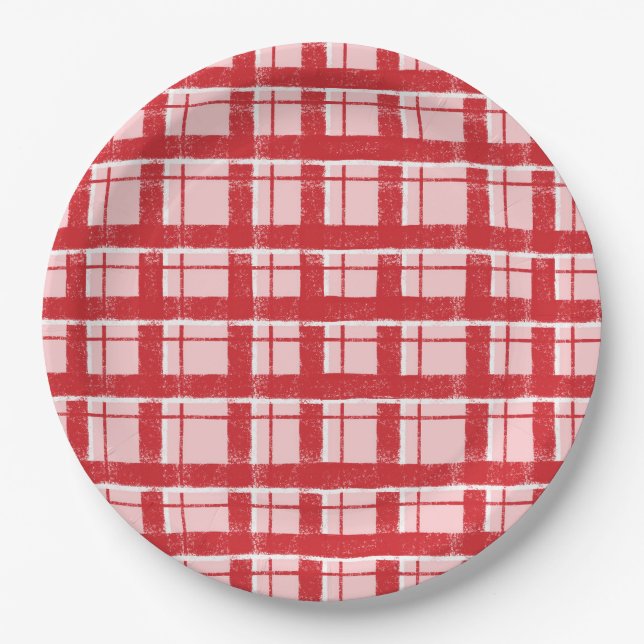 Title  Pink & Red Textured Plaid Pattern | Classic Paper Plate (Front)