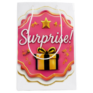 Title: Pink "Surprise!" Gift Box Sticker – Festive Medium Gift Bag