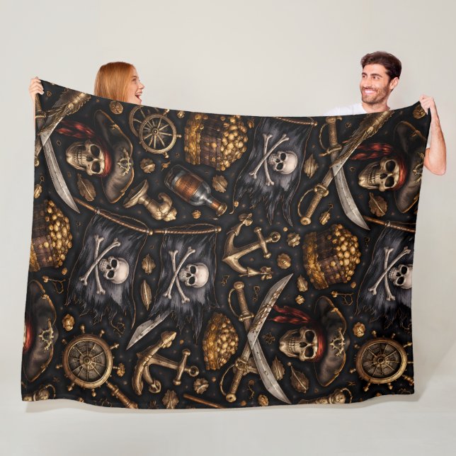 Title pirate legend Jolly Roger and treasure chest Fleece Blanket (In Situ)