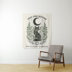 Title: Vintage Folk Art Fox Sage Green Celestial Tapestry