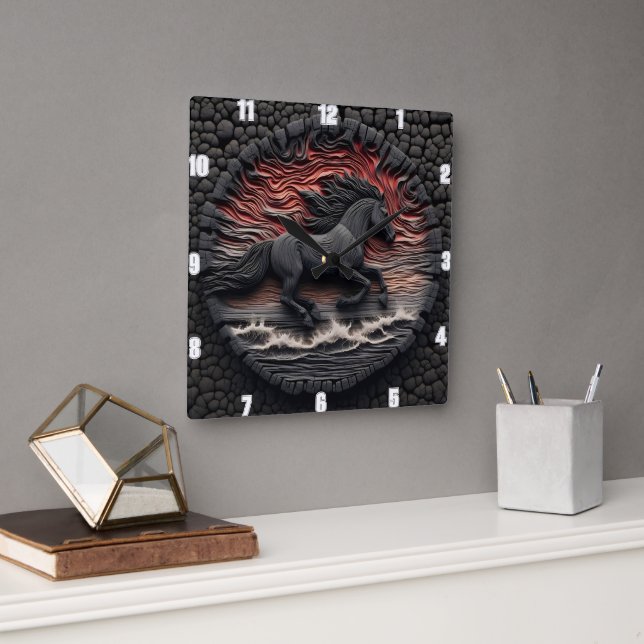 Title: Wave Gallop Craft: Carved Look Equestrian Square Wall Clock (Office)