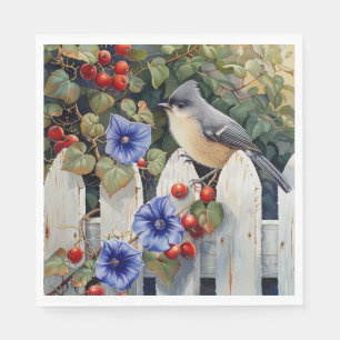 Titmouse on a White Picket Fence Morning Glories Napkin