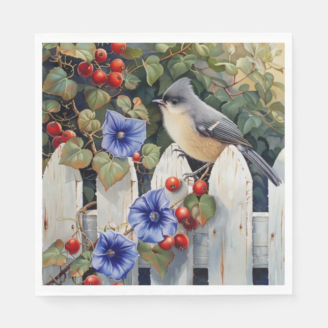  Titmouse on a White Picket Fence Morning Glories  Napkin (Front)