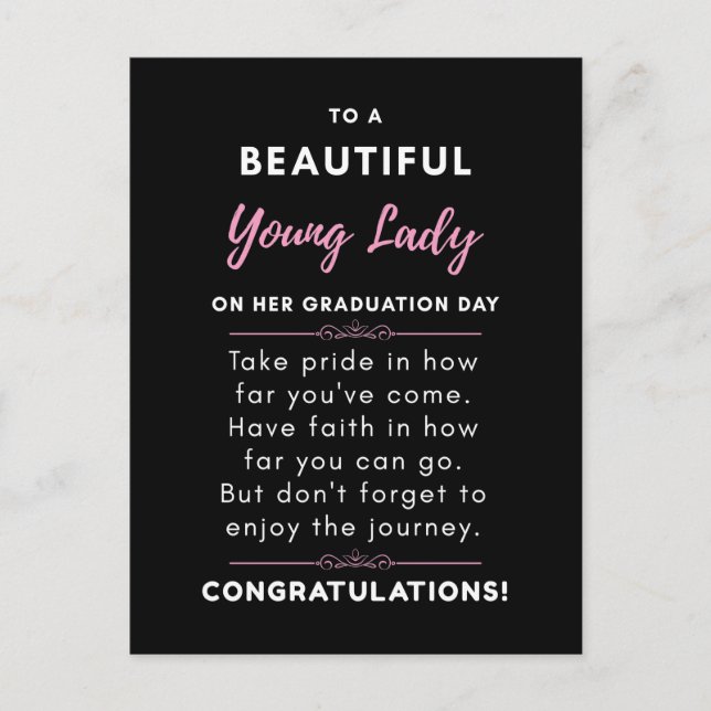 To A Beautiful Young Lady On Her Graduation Day Postcard (Front)