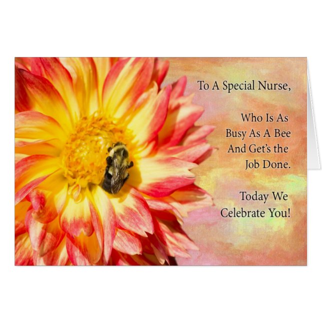 To a Special Nurse Red And Yellow Dahlia With Bee (Front Horizontal)