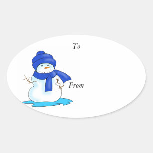 To and From label with a snowman in blue