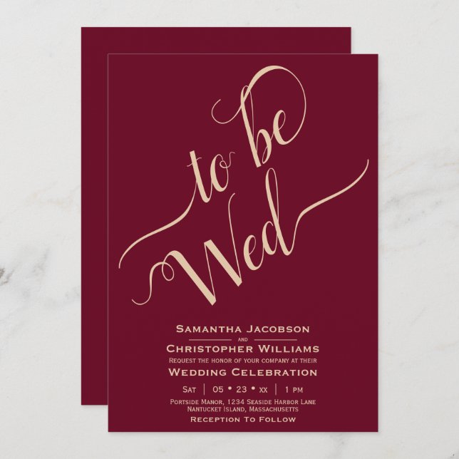 To Be Wed Elegant Calligraphy Burgundy Wedding Invitation (Front/Back)