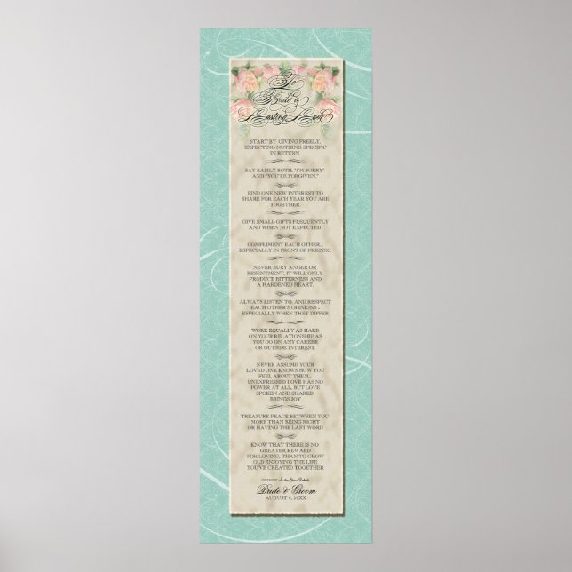 To Build a Lasting Love - Aqua Damask Peach Roses Poster (Front)