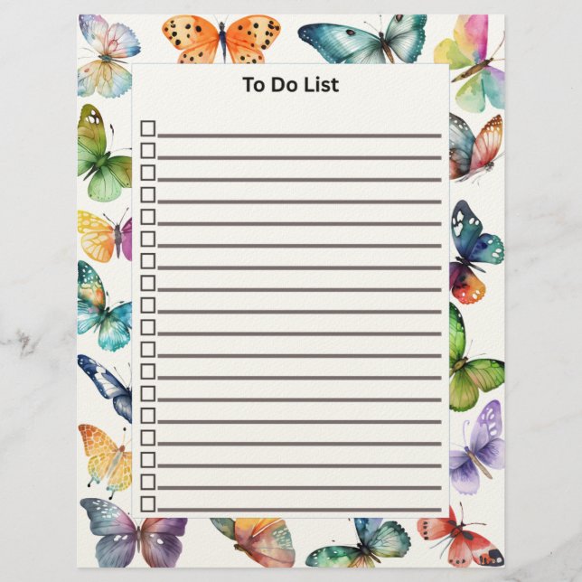 To Do List With Butterflies Custom Letterhead (Front)