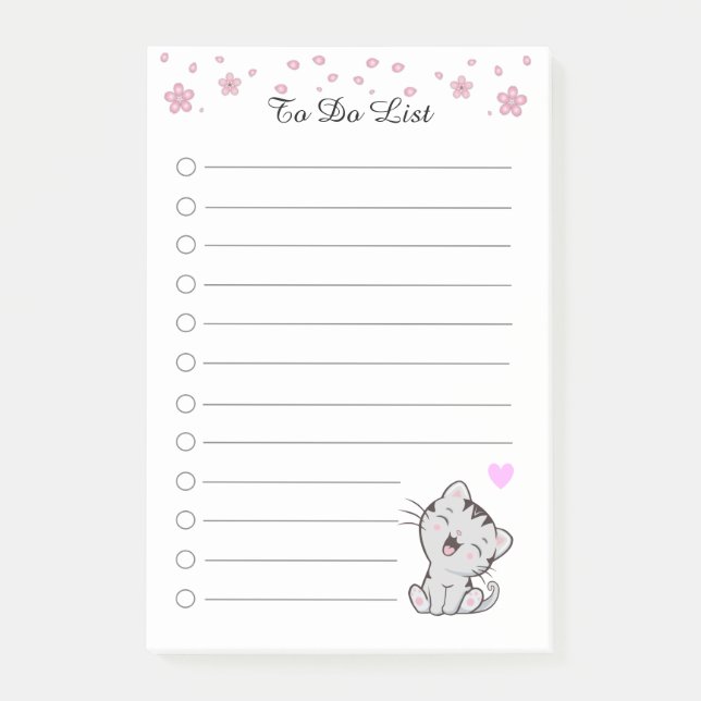 To Do List with Flowers & Cute Tabby Kitty Cat Post-it Notes (Front)