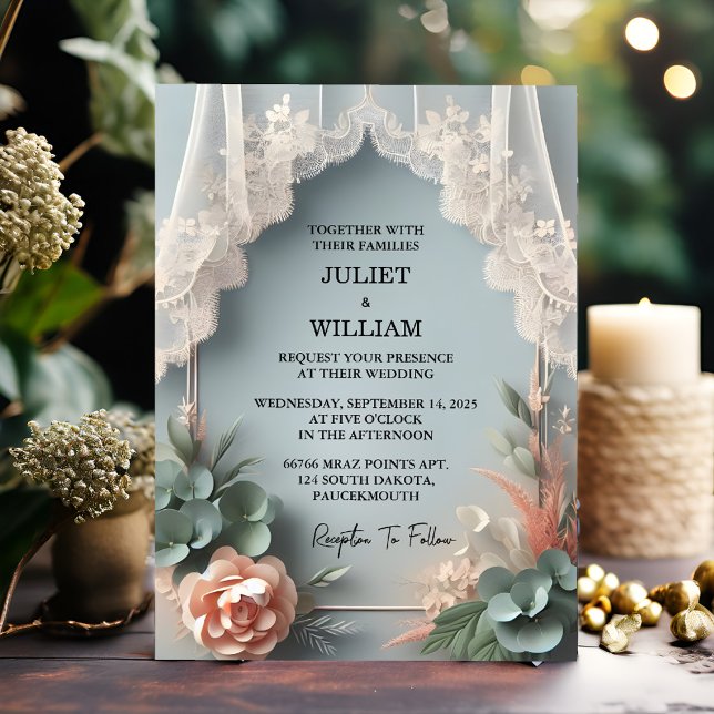 To Eucalyptus Lace Tulle Pastel Dusty Blue Wedding Invitation (Creator Uploaded)