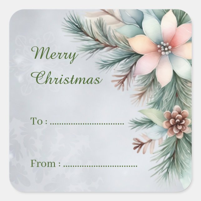 To From Merry Christmas Floral Greenery Gift Square Sticker (Front)