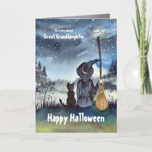 To Great Granddaughter Halloween Black Cat Witch Card (Front)