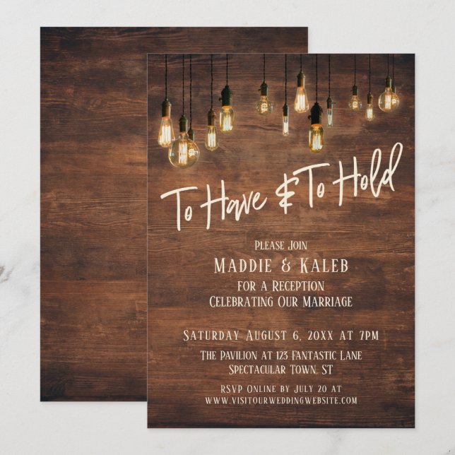 To Have and To Hold Brown Wood Edison Lights Invitation (Front/Back)