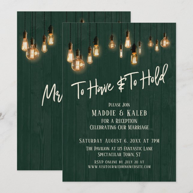 To Have and To Hold Dark Green Wood Edison Lights Invitation (Front/Back)