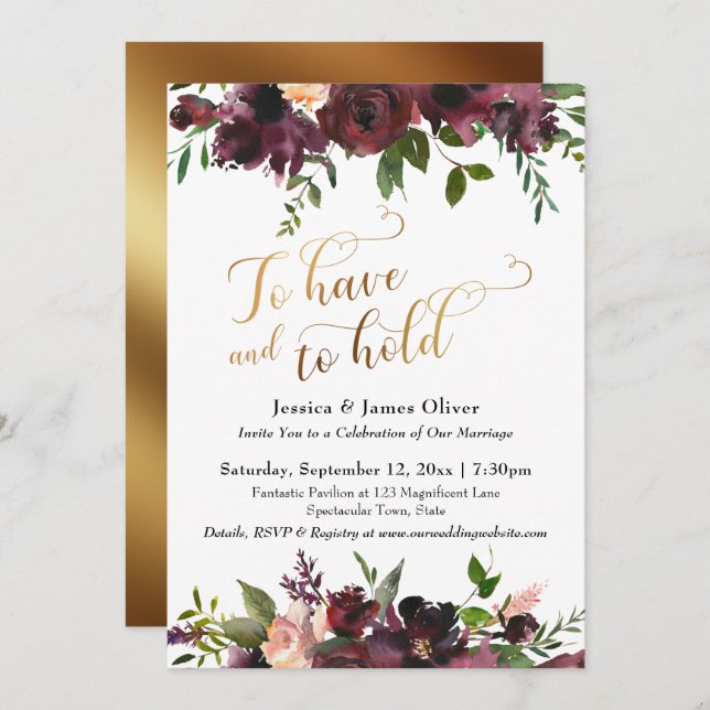 To Have and To Hold Dark Red Burgundy Floral Gold Invitation (Front/Back)