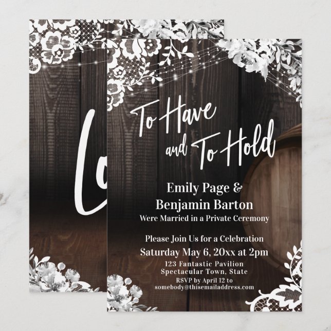 To Have and To Hold Wood Barrel Floral Lace Lights Invitation (Front/Back)