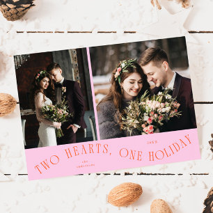 To Hearts One Holiday Newlywed Photo Orange Pink Card