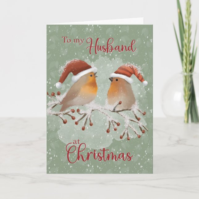 To Husband at Christmas Birds with Santa Hats  Card (Front)