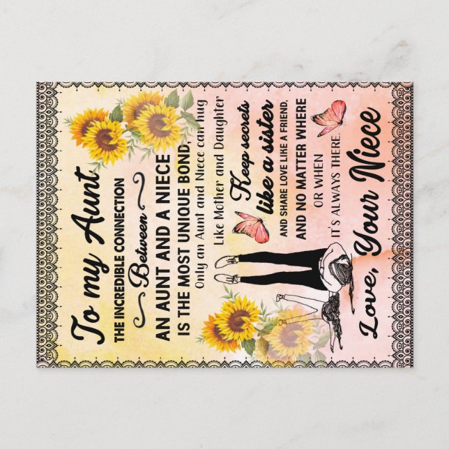 To My Aunt Gift, Sunflower Gift From Niece Announcement Postcard (Front)