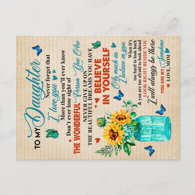 To My Daughter Gift,Butterfly Lover,Sunflower Gift Announcement Postcard (Front)