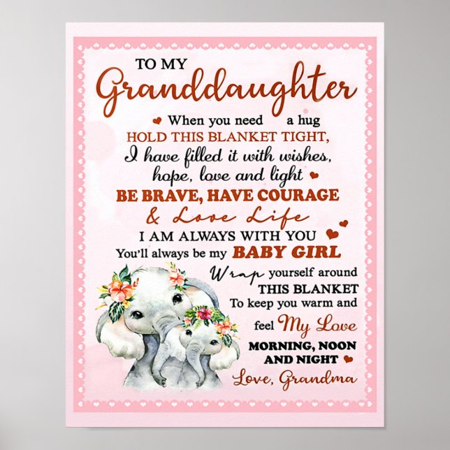To My Granddaughter Elephant Birthday Gift Idea Poster (Front)