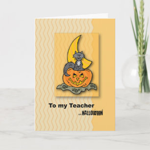 To my Teacher on Halloween with Pumpkin Cat Moon Card