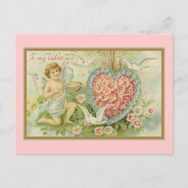To My Valentine Cupid and Floral Heart Holiday Postcard (Front)