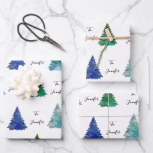 To: Name Cursive Colourful Christmas Trees Wrapping Paper Sheet