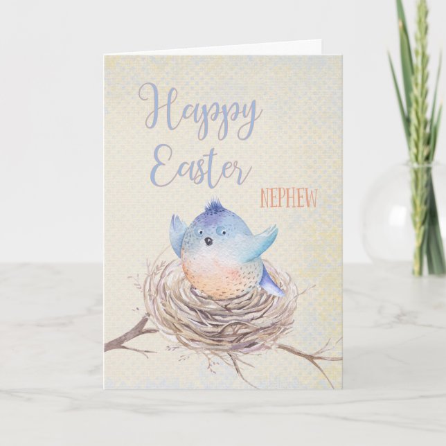 To Nephew Happy Easter Blue Bird in Nest Holiday Card (Front)
